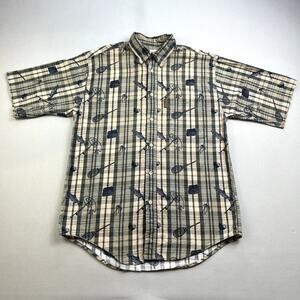 Fishing Button Up Shirt Adult Small Tan Green Plaid All Over Print Rod Tackle